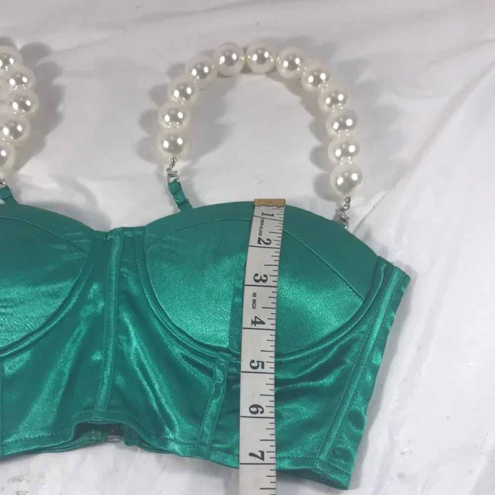 Woman’s Emerald Green Satin Zipper Bustier with Removable Pearl Straps